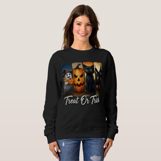 "Leckerei oder Trick" Halloween Pinselstriche Katz Sweatshirt (Vorne ganz)