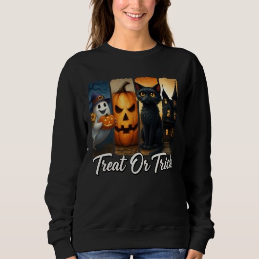 "Leckerei oder Trick" Halloween Pinselstriche Katz Sweatshirt (Vorderseite)
