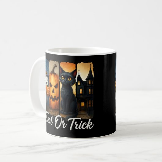 "Leckerei oder Trick" Halloween-Pinselstrichkatze Kaffeetasse (Vorderseite Links)