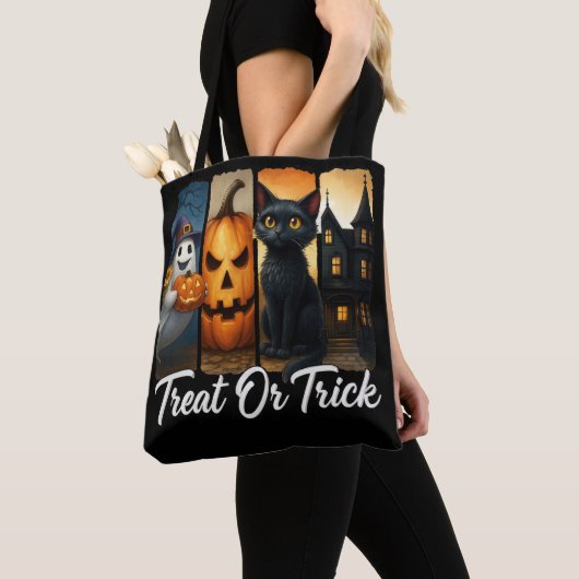 "Leckerei oder Trick" Halloween-Pinselstrichkatze Tasche (Von Nahem)