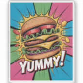 Leckerer Comic-Pop-Art-Cheeseburger Fette Fast Foo Aufkleber (Vorderseite)