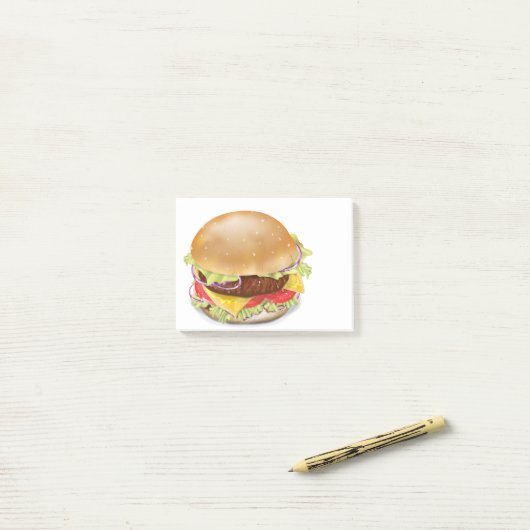 Leckerer Hamburger oder Cheeseburger. Post-it Klebezettel (Auf Schreibtisch)