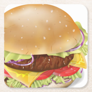Leckerer Hamburger oder Cheeseburger. Rechteckiger Pappuntersetzer