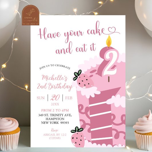 Leckerer Rosa Kuchen 2. Geburtstag Einladung