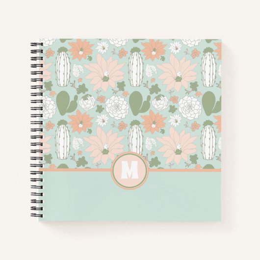Leckeres Cacti Peach Green Floral Muster Monogramm Notizblock (Vorderseite)