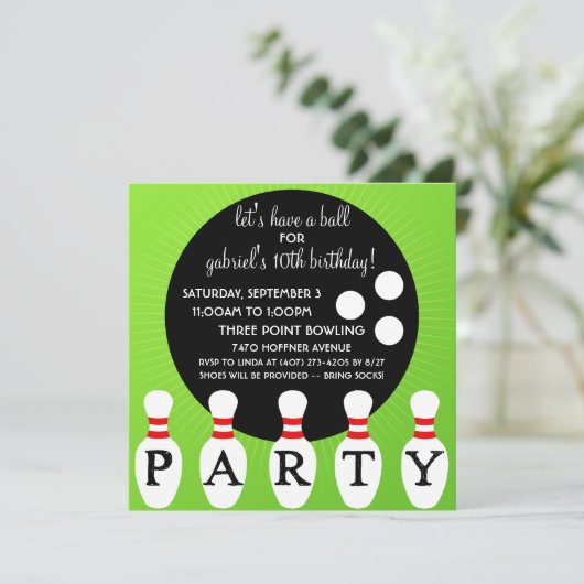 "Lectric Limon Button Party Bowling Birthday Party Einladung (Stehend Vorderseite)