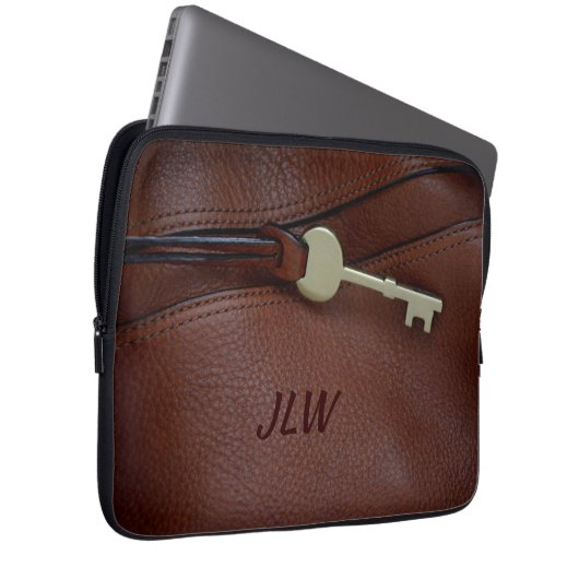 Leder mit Schlüssel und Monogramm aus braunen Imit Laptopschutzhülle (Vorne Rechts)