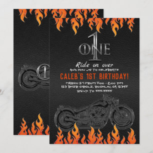 Leder & Orange Flames Motorrad 1 1. Geburtstag Einladung