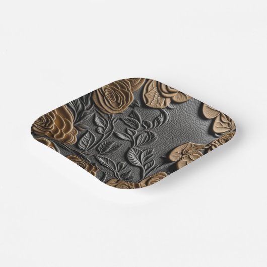 Leder und Rose 3d-Look Hochzeitszettel Pappteller (Gewinkelt)