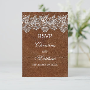 Leder und Spitze Look Hochzeit RSVP Karte