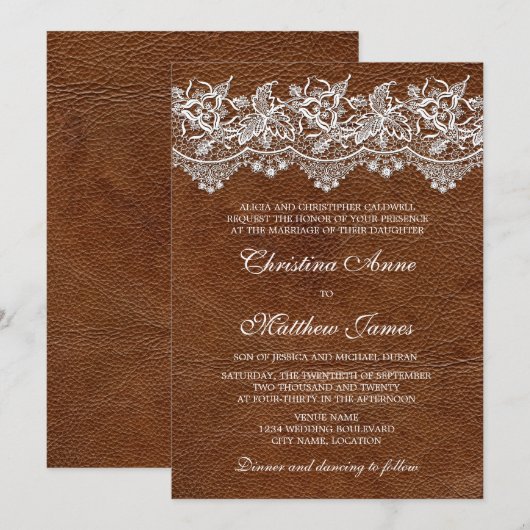Leder und Spitzen-Hochzeit Einladung (Vorne/Hinten)