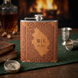 Leder Vintage Western Cowboy Initialen Flasche Flachmann
