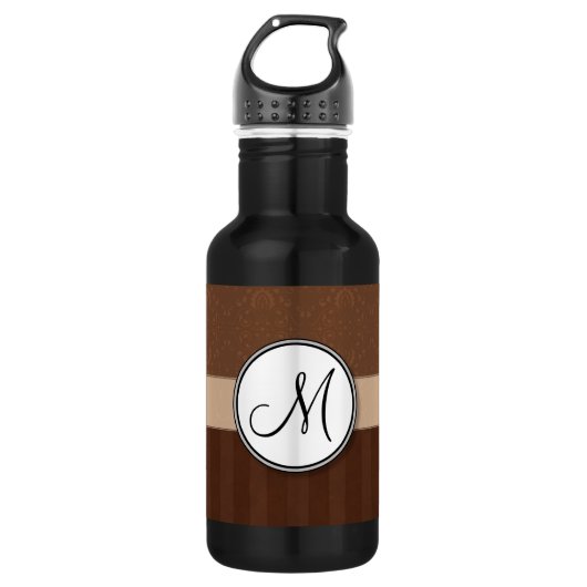 Lederbraun-Damast mit Streifen und Monogramm Edelstahlflasche (Vorderseite)