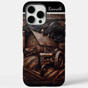 Ledergeschnitzte Traktorszene iPhone 16 Pro Max Hülle