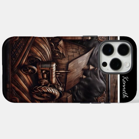 Ledergeschnitzte Traktorszene Case-Mate iPhone Hülle (Rückseite (Horizontal))