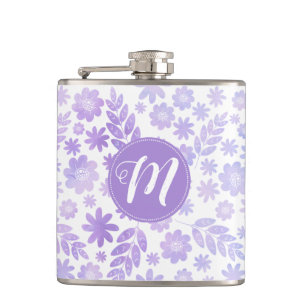 Lederhandgezogenes Blumenmuster und Monogramm Flachmann