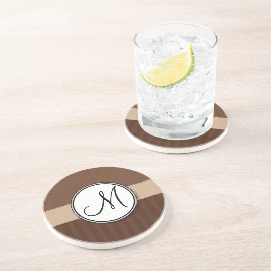 Lederner Brown-Damast mit Streifen und Monogramm Sandstein Untersetzer (Seite)