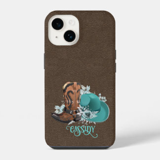 Lederstruktur Cowgirl braun Türkis iPhone 14 Hülle