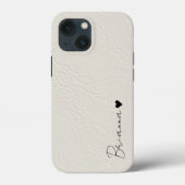 Ledertextur Elfenbein minimalistische Herzschrift Case-Mate iPhone Hülle (Rückseite)