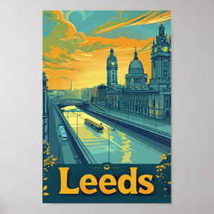 Leeds Yorkshire Vintag Retro Travel Illustration Poster