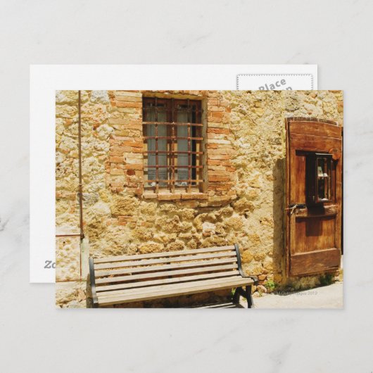 Leere Bank vor einer Mauer, Monteriggioni, Postkarte (Vorne/Hinten)