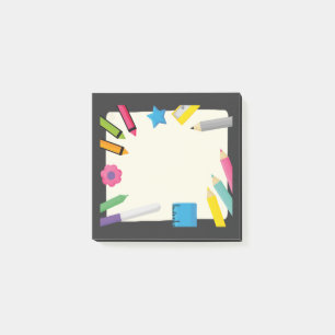 Leere Leinwand mit farbenfroher Schreibwarengrenze Post-it Klebezettel