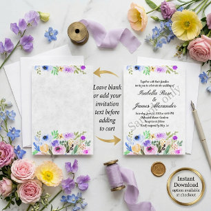 Leere lila und blaue Aquarell-Blumenhochzeit Einladung