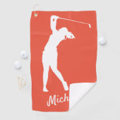 Lefthanded "golfer Michelle" orange rot Golfhandtuch (Insitu)