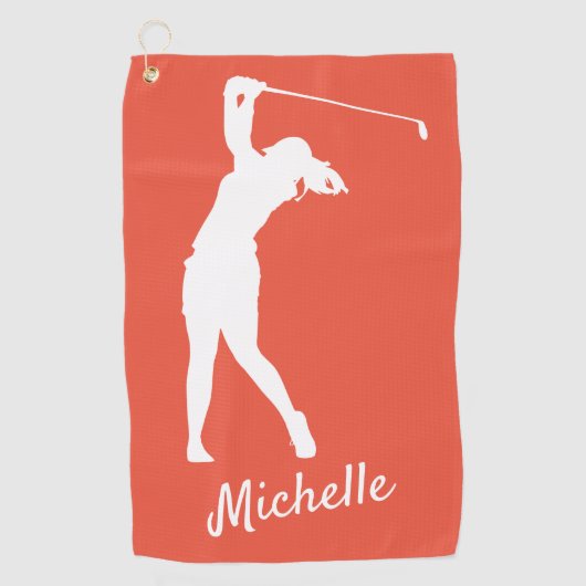Lefthanded "golfer Michelle" orange rot Golfhandtuch (Vorderseite)