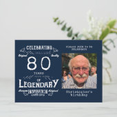 Legend 80. Geburtstag Foto Blau Vintag Einladung (Stehend Vorderseite)