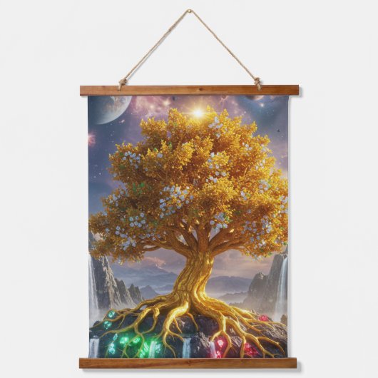 Legendary Golden Tree of Gems - Mystical Fantasy T Wandteppich Mit Holzrahmen (Vorderseite)