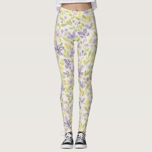 Leggings für Blumenmuster von Lavendel und Grünem (Vorderseite)