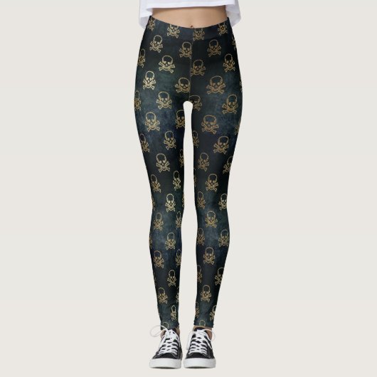Leggings für Schwarz-Gold-Schädel- und Crossbones- (Vorderseite)