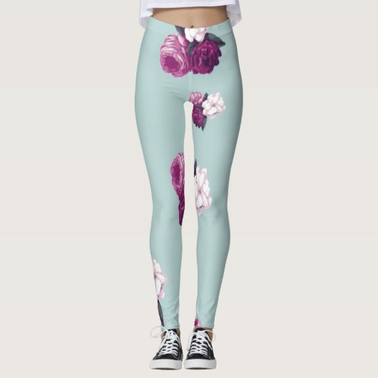 Leggings für Vintages Blau und Lila Rose (Vorderseite)