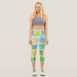 Leggings: Gelb, blau, grün Gingham Capri Leggings