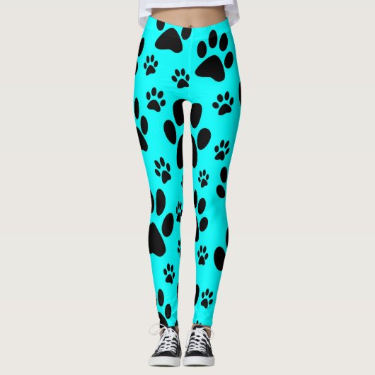 Leggings mit aquamarinem blauem und schwarzem Pfot (Vorderseite)