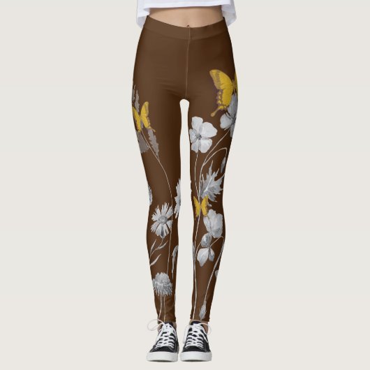 Leggings mit brauner Blüte und Schmetterling (Vorderseite)
