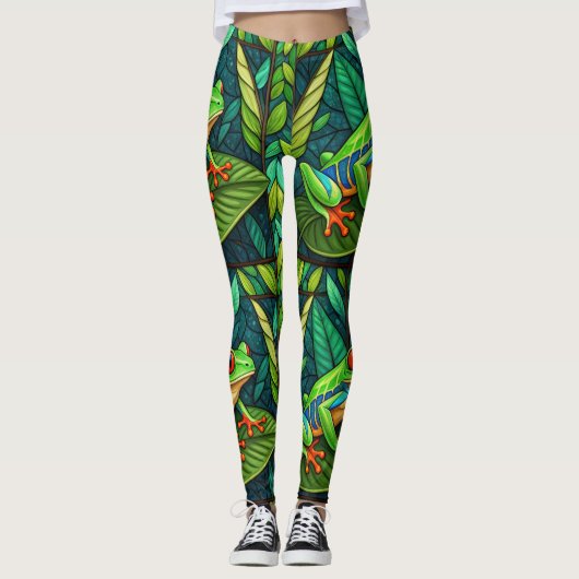 Leggings mit lebendigen grünen Blättern und farben (Vorderseite)