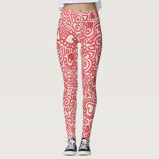 Leggings mit rotem und weißem Doodmuster (Vorderseite)