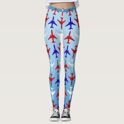 Leggings mit roten, weißen und blauen Flugzeugmust (Vorderseite)