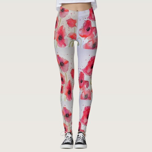 Leggings mit Roter Mohn und Wasserfarbe (Vorderseite)
