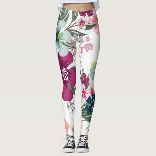 Leggings - Tropische Blume der Frauen auf Weiß (Vorderseite)