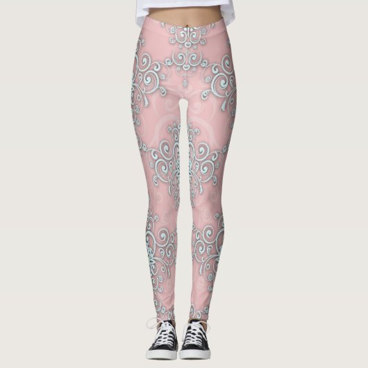 Leggings von Light Pink und Grau Damask Boho Style (Vorderseite)