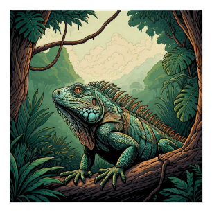 Leguan-Echse inmitten einer tropischen Dschungelku Poster