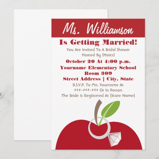 Lehrer Brautparty Einladung - Red Apple & Ring (Vorne/Hinten)