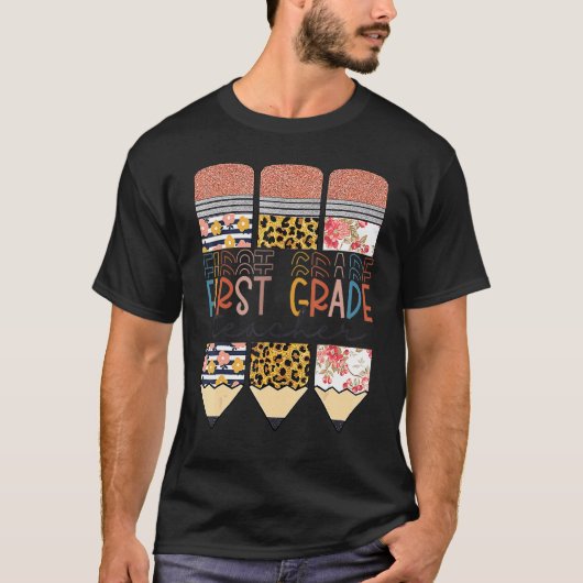 Lehrer der ersten Klasse Leopard Bleistift Zurück T-Shirt (Vorderseite)