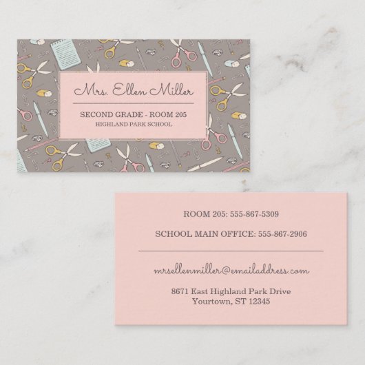 Lehrer | Feminine Sketch Pink/Taupe Schule Visitenkarte (Vorne/Hinten)
