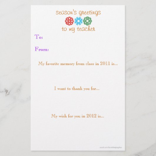 Lehrer-Feriengeschenkanmerkung 2011 - 2012 Briefpapier (Vorderseite)