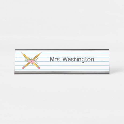 Lehrer Floral Yellow Pencils Notebook Streifen Schreibtischnamensplakette (Vorderseite )