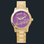 Lehrer für Ruhestandsmusik lila Goldnoten Armbanduhr<br><div class="desc">Einfaches und elegantes Ruhestandsgeschenk für eine Musiklehrerin! Ein klassischer Lila Hintergrund mit vergoldeten Imitaten Musiknoten. Vorlage für einen Namen,  und der folgende: Danke,  goldene Buchstaben. Vielen Dank,  dass Sie mit einem modernen handgeschriebenen Stil geschrieben sind.</div>